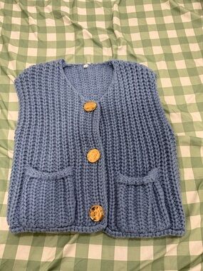 Chunky Blue Knit Button Vest Sweater